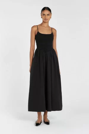 Black midi dress with shirred bodice