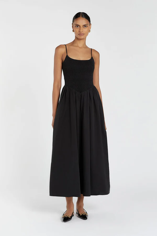 Black midi dress with shirred bodice